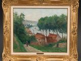 une peinture à l'huile représentant une scène de campagne avec une route et des arbres