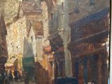 painting of a street scene with a horse drawn carriage in the foreground