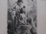 a drawing of two women and a man sitting on the ground