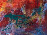 an image of a painting of a horse on a red and blue background