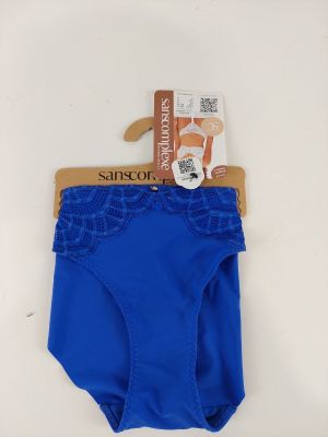 a close up of a blue panties with a tag on it