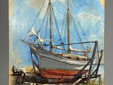 une peinture à l'huile représentant un bateau posé sur une plage de sable