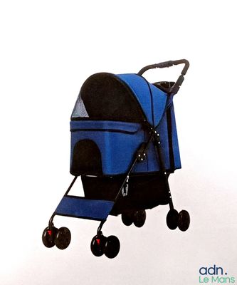 a blue and black stroller with a dog in it