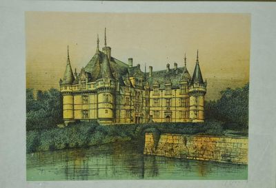 painting of a castle on a river with a bridge in the foreground