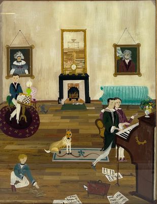 un tableau représentant une famille dans un salon avec un chien