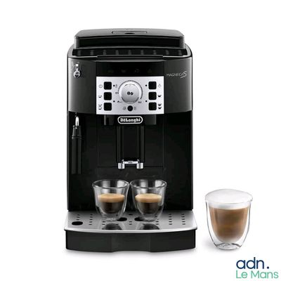 the delongma espresso coffee machine is next to a glass of coffee