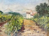 une peinture à l'huile représentant une maison dans un vignoble, avec une montagne en arrière-plan