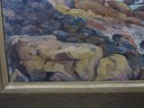 a painting of a man standing on a rocky beach