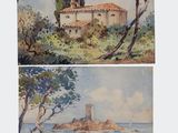 deux aquarelles représentant un château et un plan d'eau
