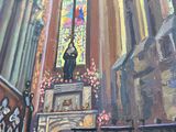 a painting of a church with a stained glass window