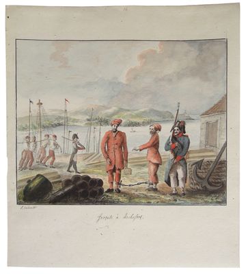 un vieux tableau représentant deux hommes debout l'un à côté de l'autre près d'un plan d'eau