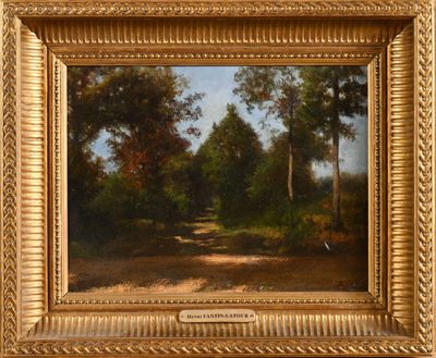 an oil painting of a dirt road with trees in the background