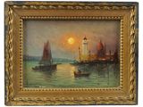 une peinture à l'huile d'une scène portuaire avec des bateaux dans l'eau