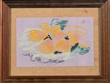 an image of a painting of oranges on a purple background