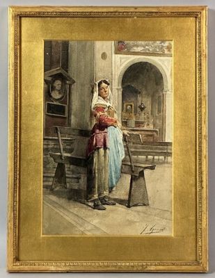 an old painting of a woman sitting on a bench next to a clock