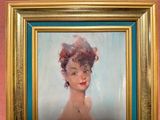 a painting of a woman with pink hair in a gold frame