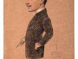 an old drawing of a man in a suit and hat with a cane