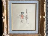 an old picture frame with a drawing of a woman holding a flag