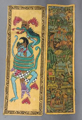 two paintings of a man with a snake and a snake on a wall