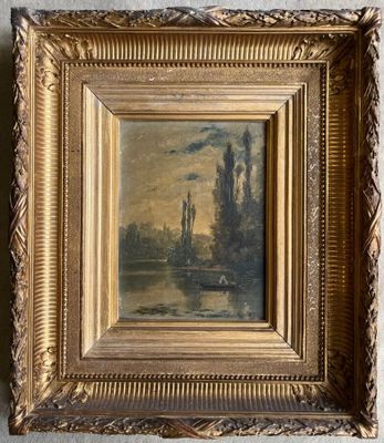 a painting of a river scene with a boat in the water