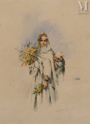 painting of a woman in a white dress holding a bunch of flowers