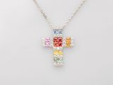 a multicolored cross pendant with a chain on a white background