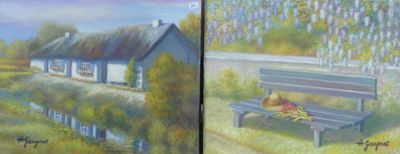 deux tableaux représentant un banc et une maison dans un champ