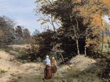 painting of two people walking down a dirt road in a wooded area