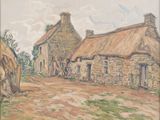 une image représentant un tableau d'un village avec un toit de chaume