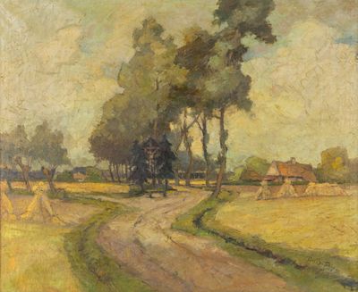 une image représentant un tableau d'une route de campagne avec une calèche