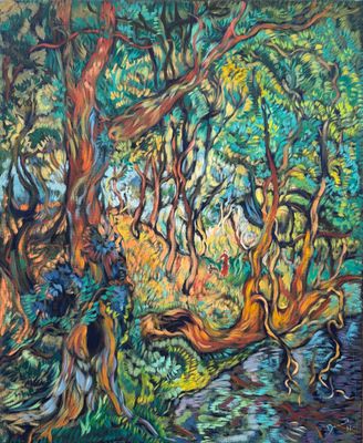 un tableau représentant une scène de forêt avec des arbres et un ruisseau