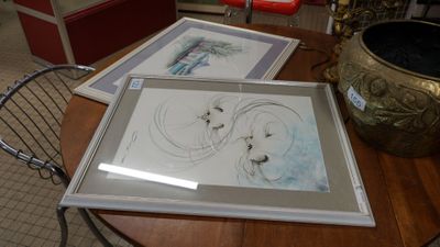 Cristo : deux aquarelles : - "Les chats" aquarelle signée en…