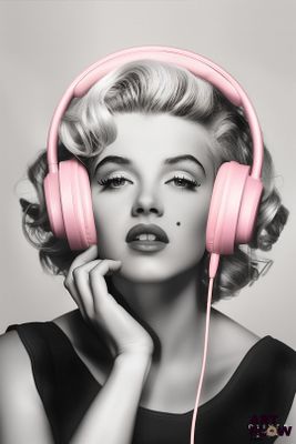 photo en noir et blanc d'une femme portant un casque audio rose