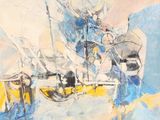 abstract painting of a boat in the water with a sky background