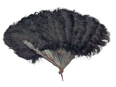 un éventail noir orné de plumes sur fond blanc