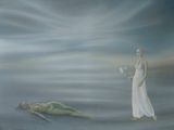 un tableau représentant une femme debout à côté d'une sirène