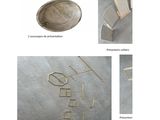 four different pictures of different objects on a table and a chair