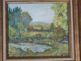 an oil painting of a landscape with a river in the foreground and trees in the background