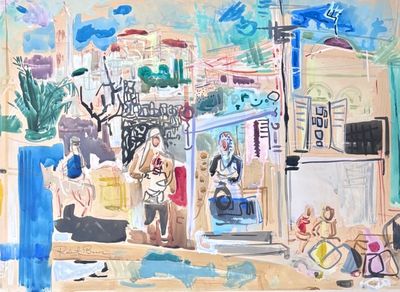 une aquarelle représentant des personnes marchant dans la rue