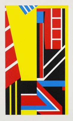 an image of a painting of a yellow, red, blue and black geometric design