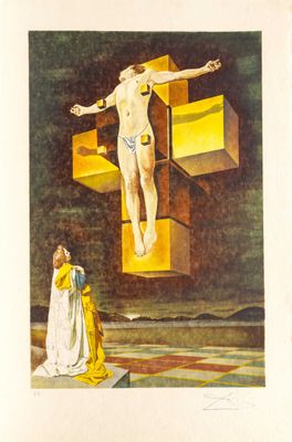 une image représentant un tableau où l'on voit un homme sur une croix, avec une femme debout devant lui