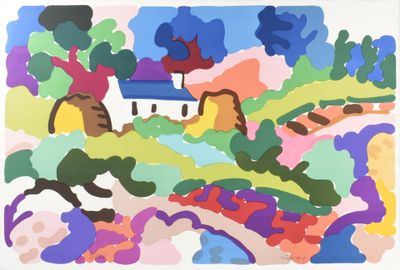 une image d'un tableau représentant une maison au milieu d'un champ