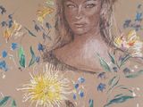 painting of a woman surrounded by flowers on a beige background