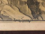 drawing of a mountain scene with trees and a river in the foreground