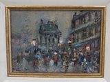 une peinture à l'huile représentant une scène de rue en ville avec des passants marchant sous la pluie