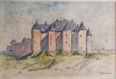 un tableau représentant un château sur une colline, avec un bateau au premier plan