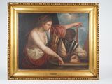 an oil painting of a woman and a man with a sword