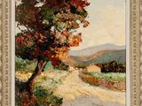 un tableau représentant une route de campagne avec des arbres au premier plan
