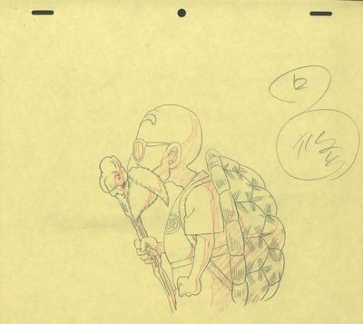 un dessin représentant un garçon avec un sac à dos et un frisbee