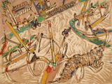 tableau représentant un groupe de bateaux sur un plan d'eau